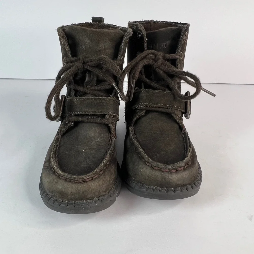Kids Polo Ralph Lauren Ranger High Brown Leather Bear Embroidery Boots‎ Size 8.5